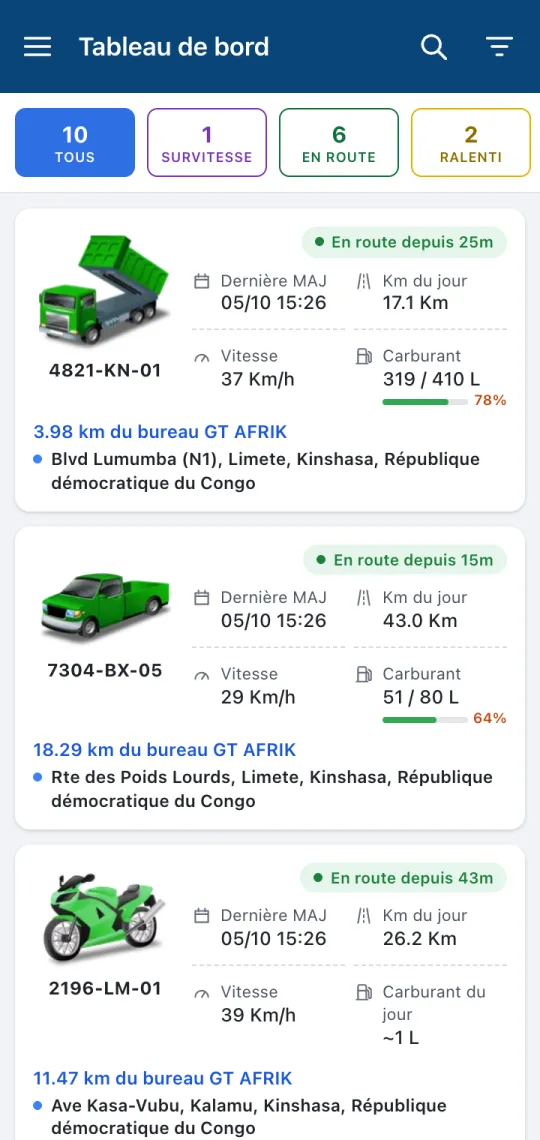 Tableau de bord GT Fleets : compteurs par statut et fiches véhicules avec vitesse, carburant et adresse (données simulées)