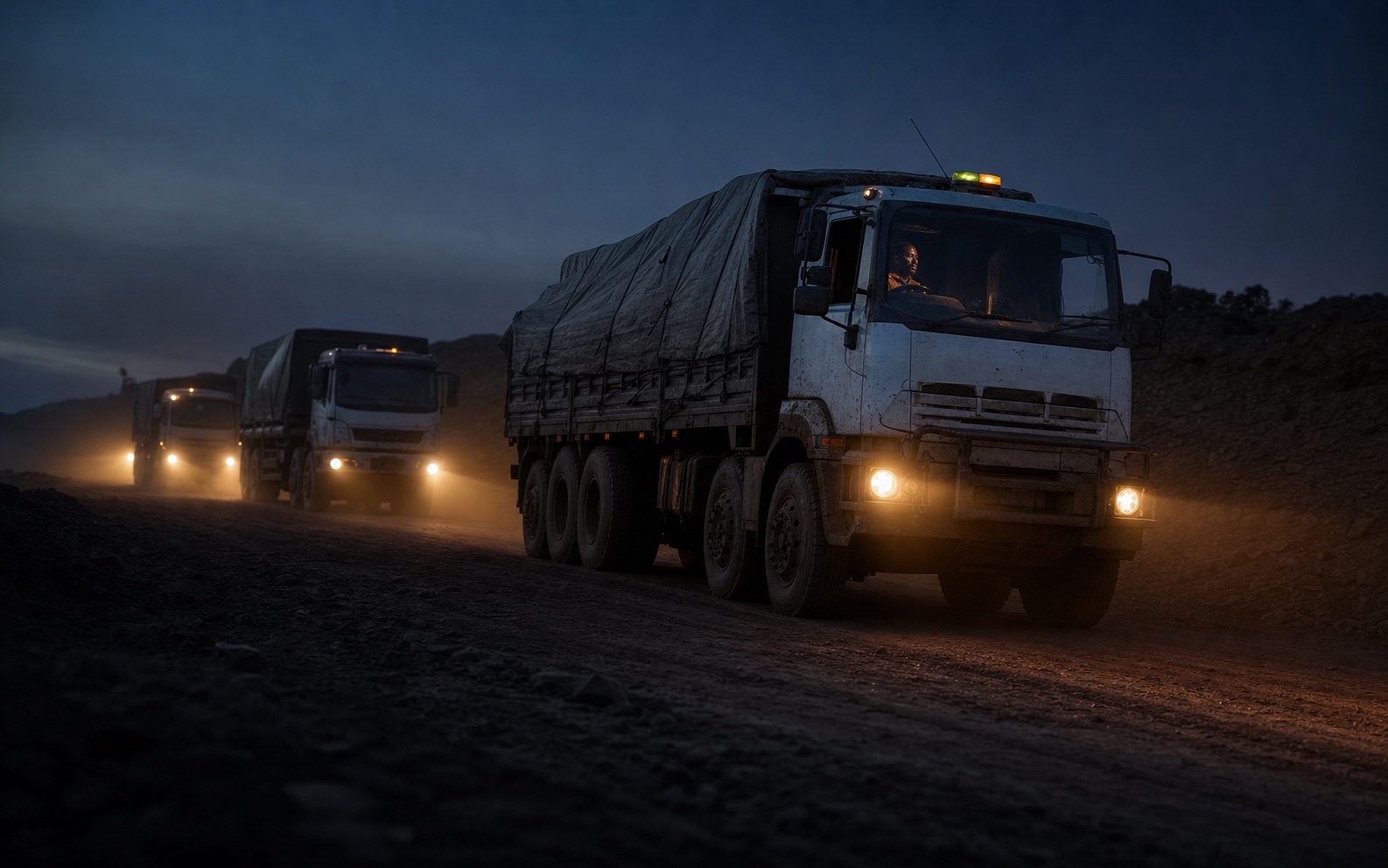 A convoy of haulage trucks crossing the Katanga mining corridor at dusk