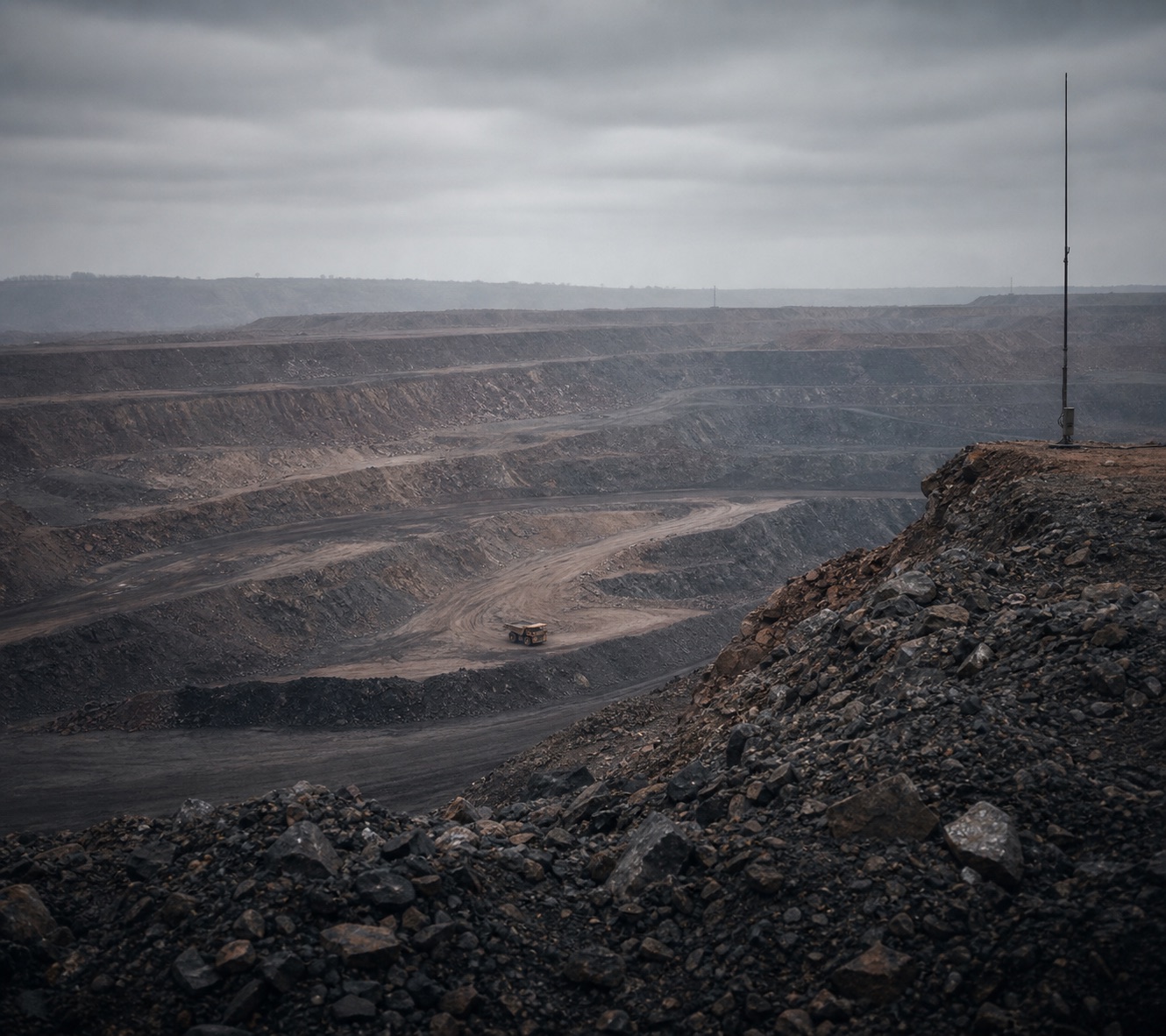 A remote open-pit mine in Katanga under heavy overcast