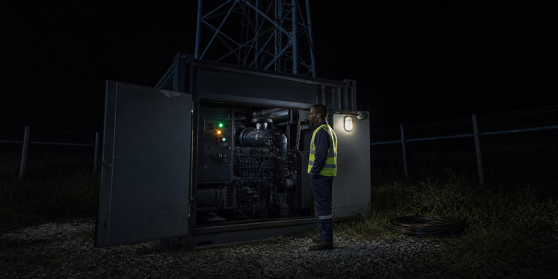 A technician inspecting a generator at a telecom tower site near Lubumbashi