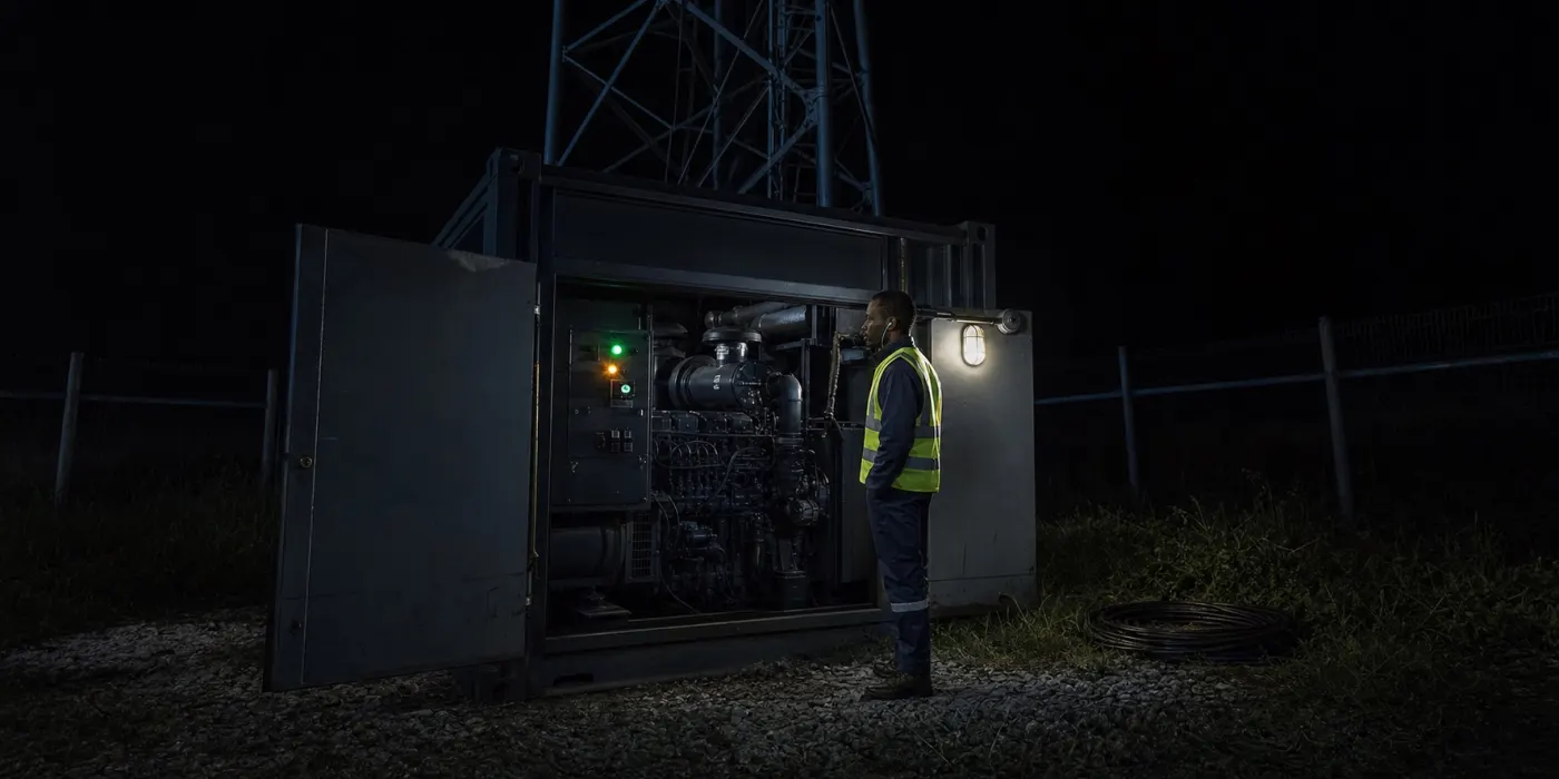 A technician inspecting a generator at a telecom tower site near Lubumbashi
