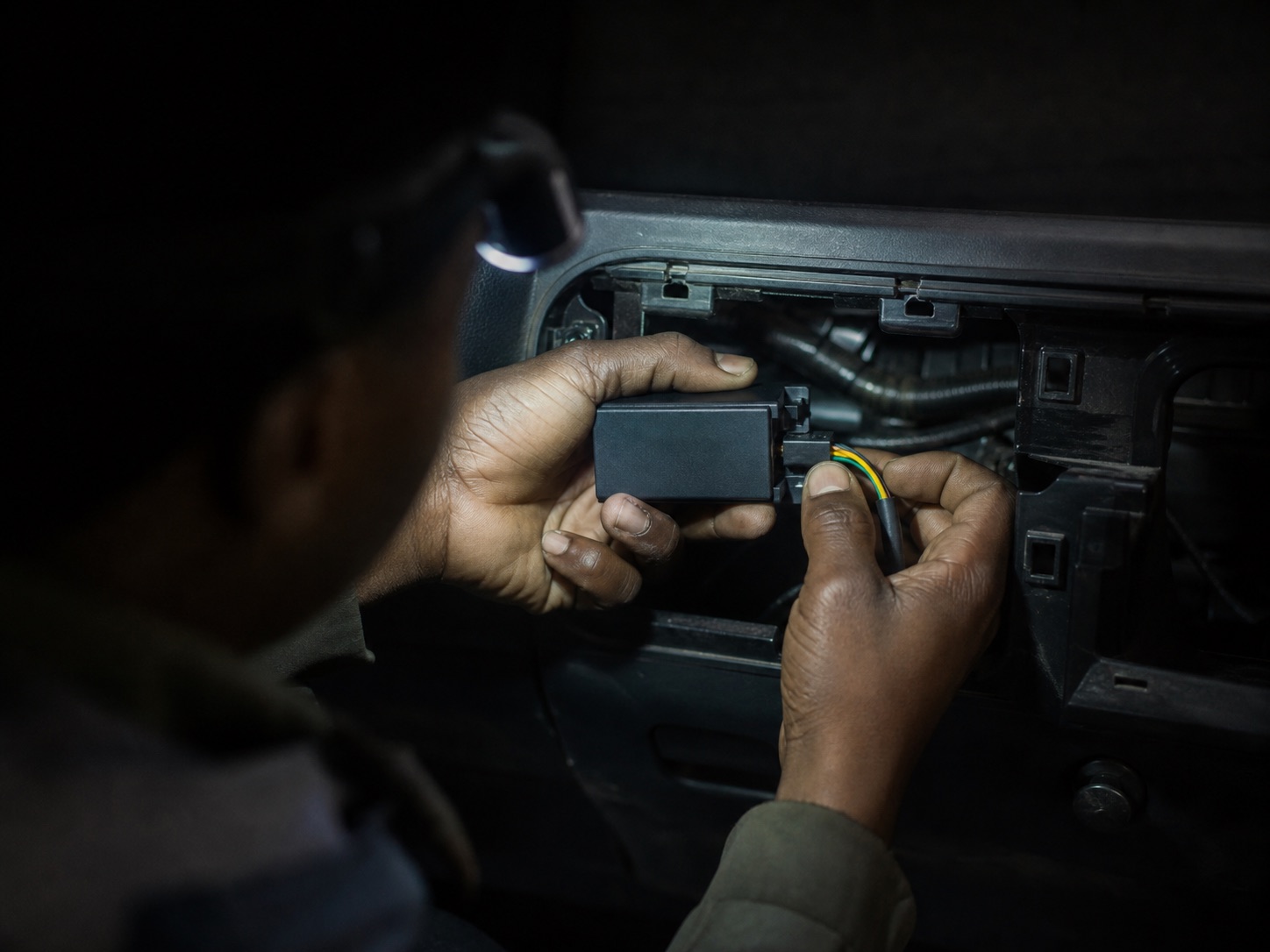 A GT AFRIK technician installing a GPS tracker behind a vehicle dashboard