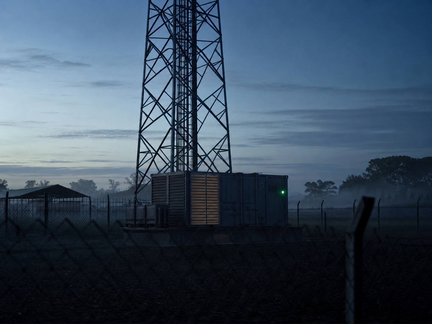 A monitored generator at a DRC telecom tower compound before sunrise