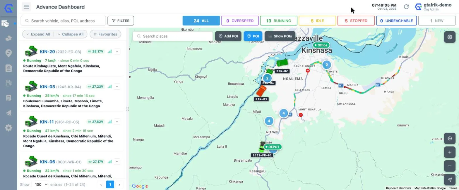 Tableau de bord avancé GT AFRIK : liste des véhicules avec statut en direct et carte Google de Kinshasa